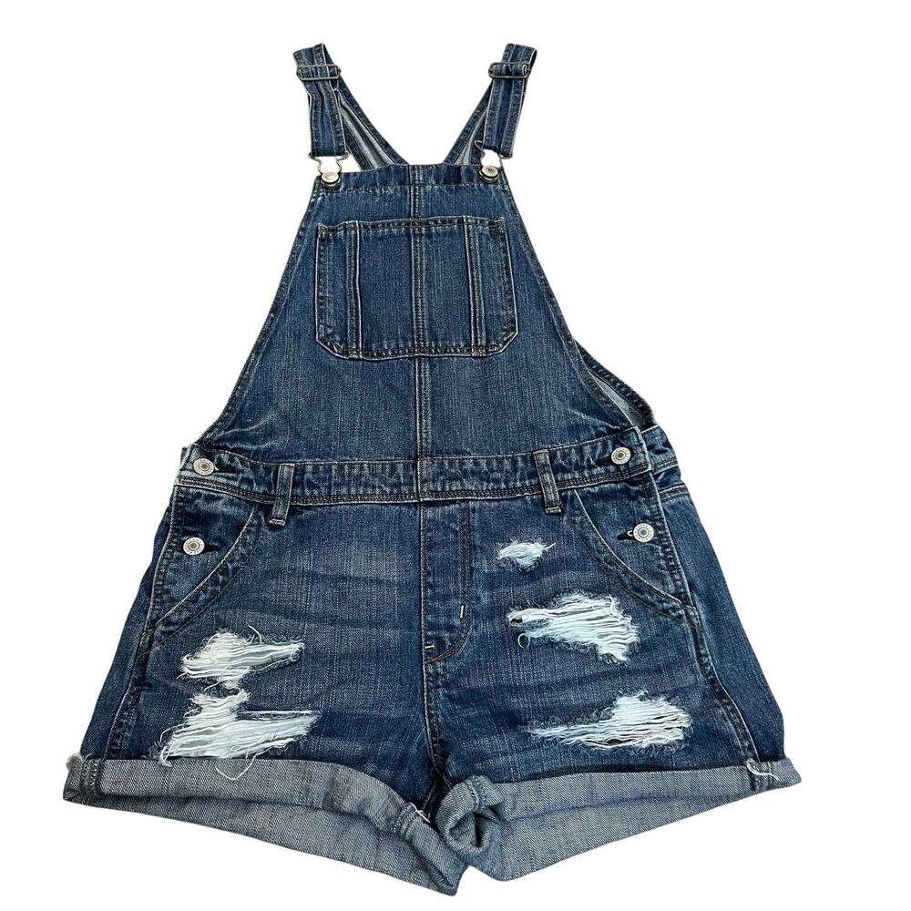 American Eagle Tomgirl Shortalls Small Denim Distressed Overalls Blue Classic